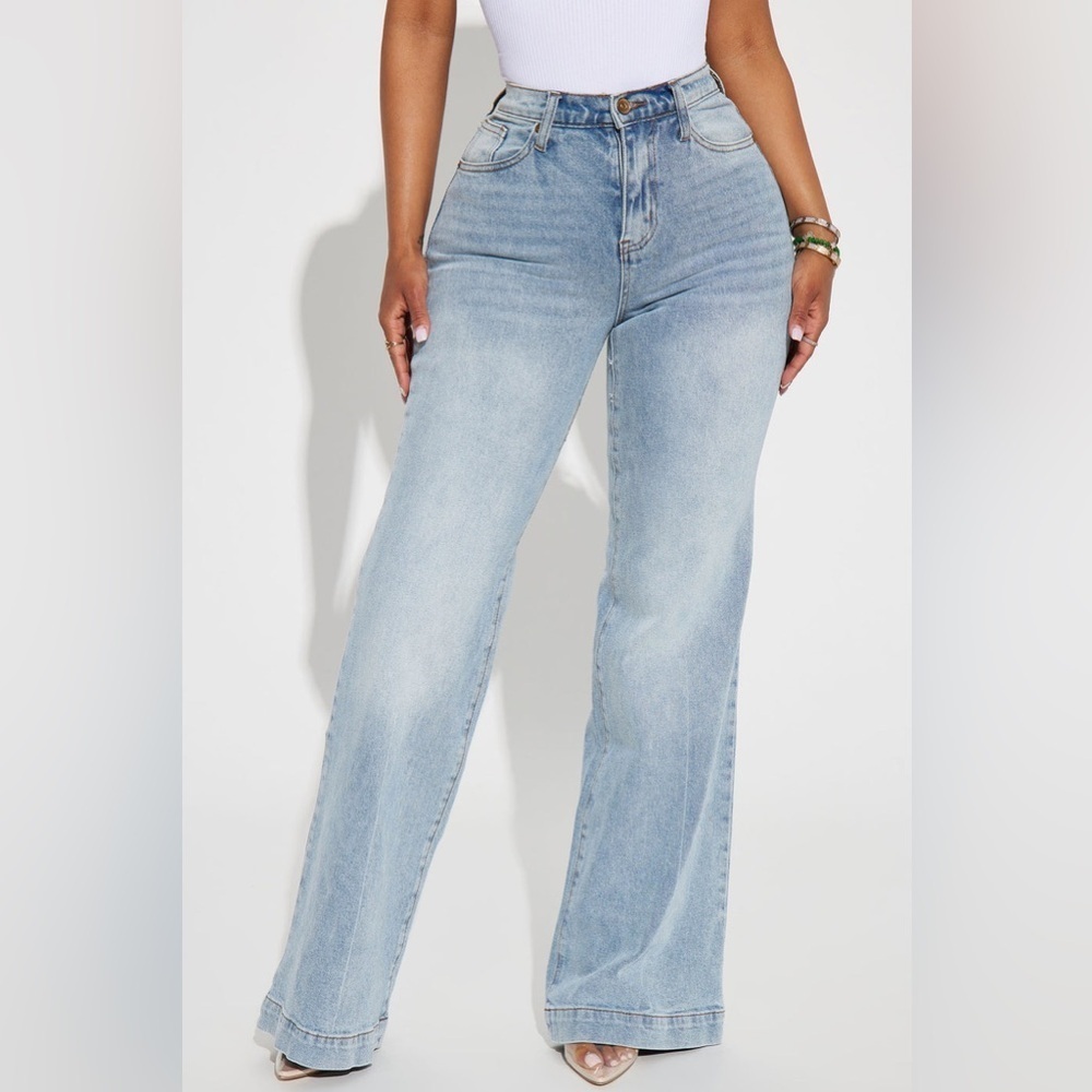 NWT Fashion Nova Bridge The Distance Wide Leg Jeans Medium Blue Wash Size 9 - Picture 5 of 13